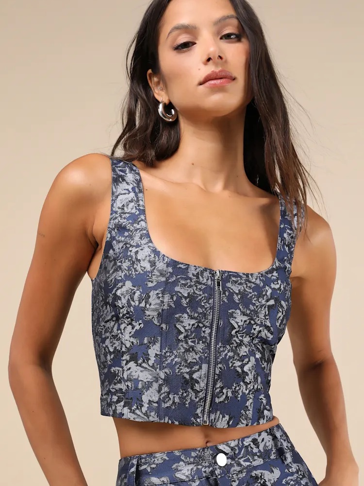 Lulu's Navy Floral Zip-Front Crop Top